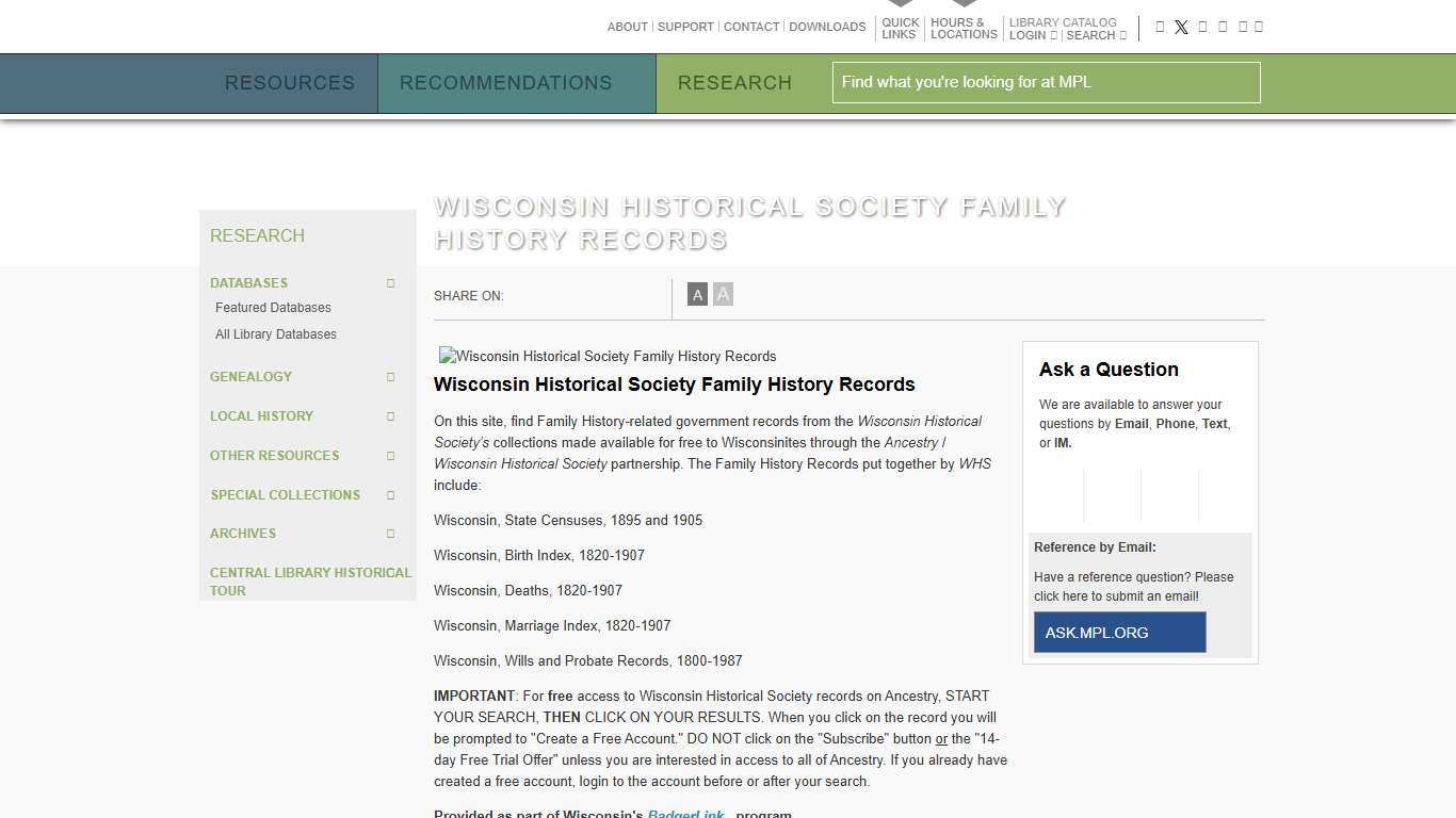 Wisconsin Historical Society Family History Records · MPL
